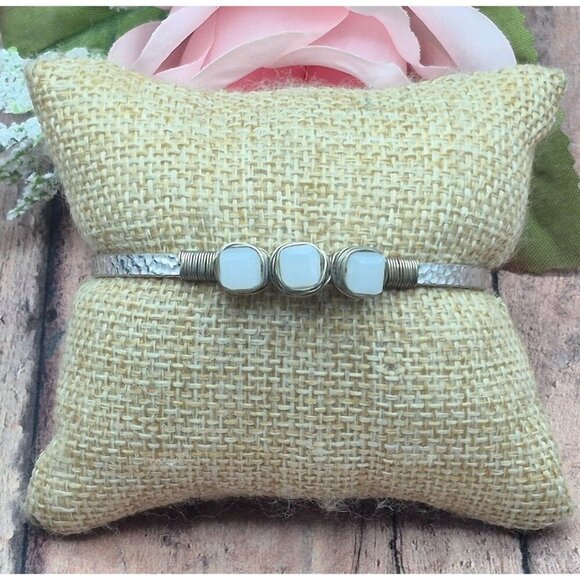 Cute Artisan Made Silver Tone Bangle Cuff Bracelet Wire Wrapped Hammered - Picture 6 of 9